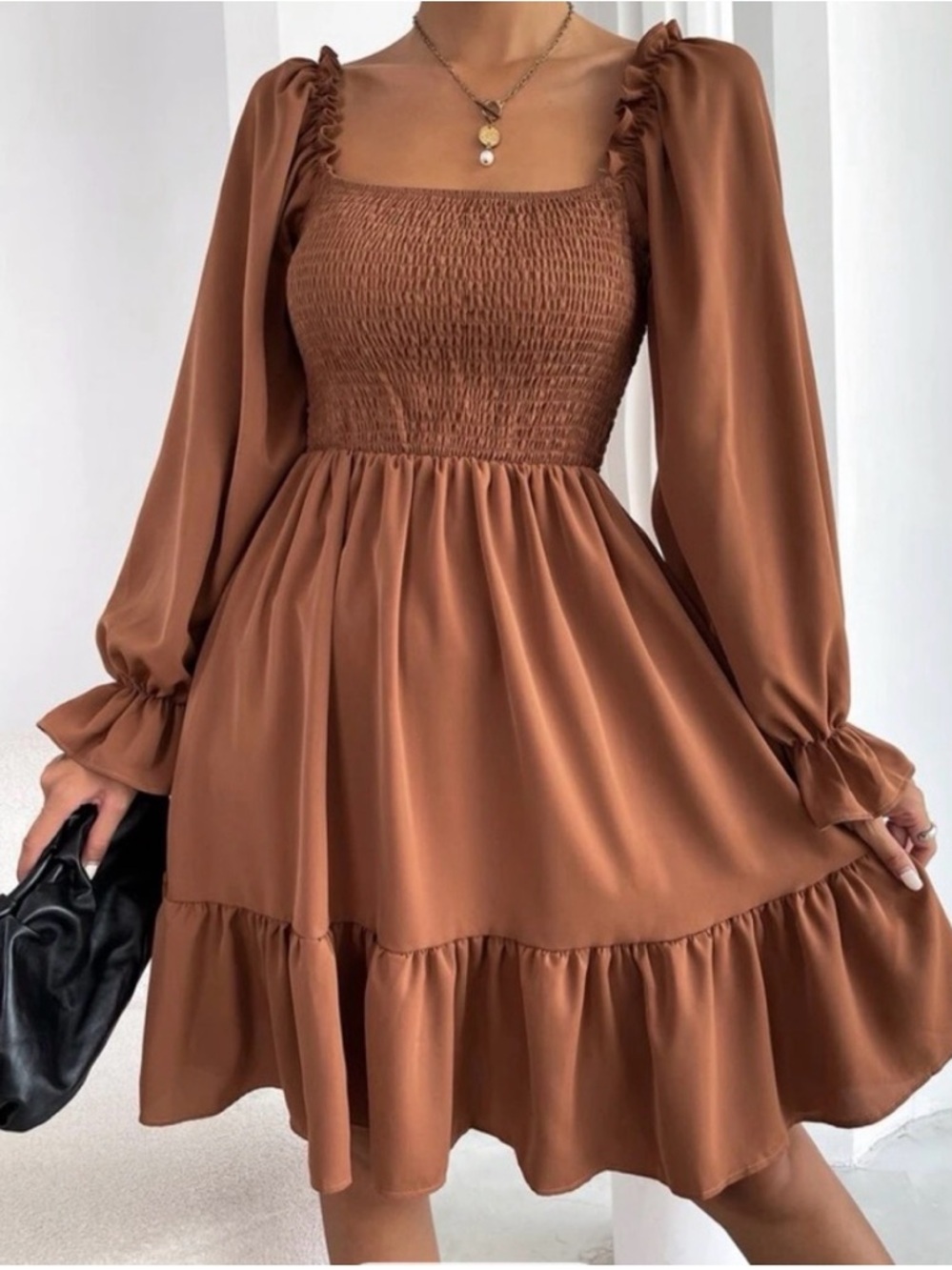 SHEIN Rust Brown Long Sleeve Smocked Mini Dress